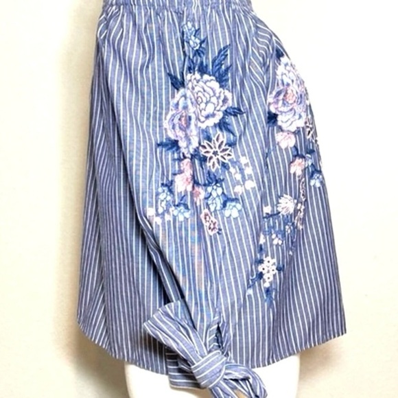 American Eagle Outfitters Striped Embroidered Floral Boho Top - Blue and Pink - Picture 8 of 13